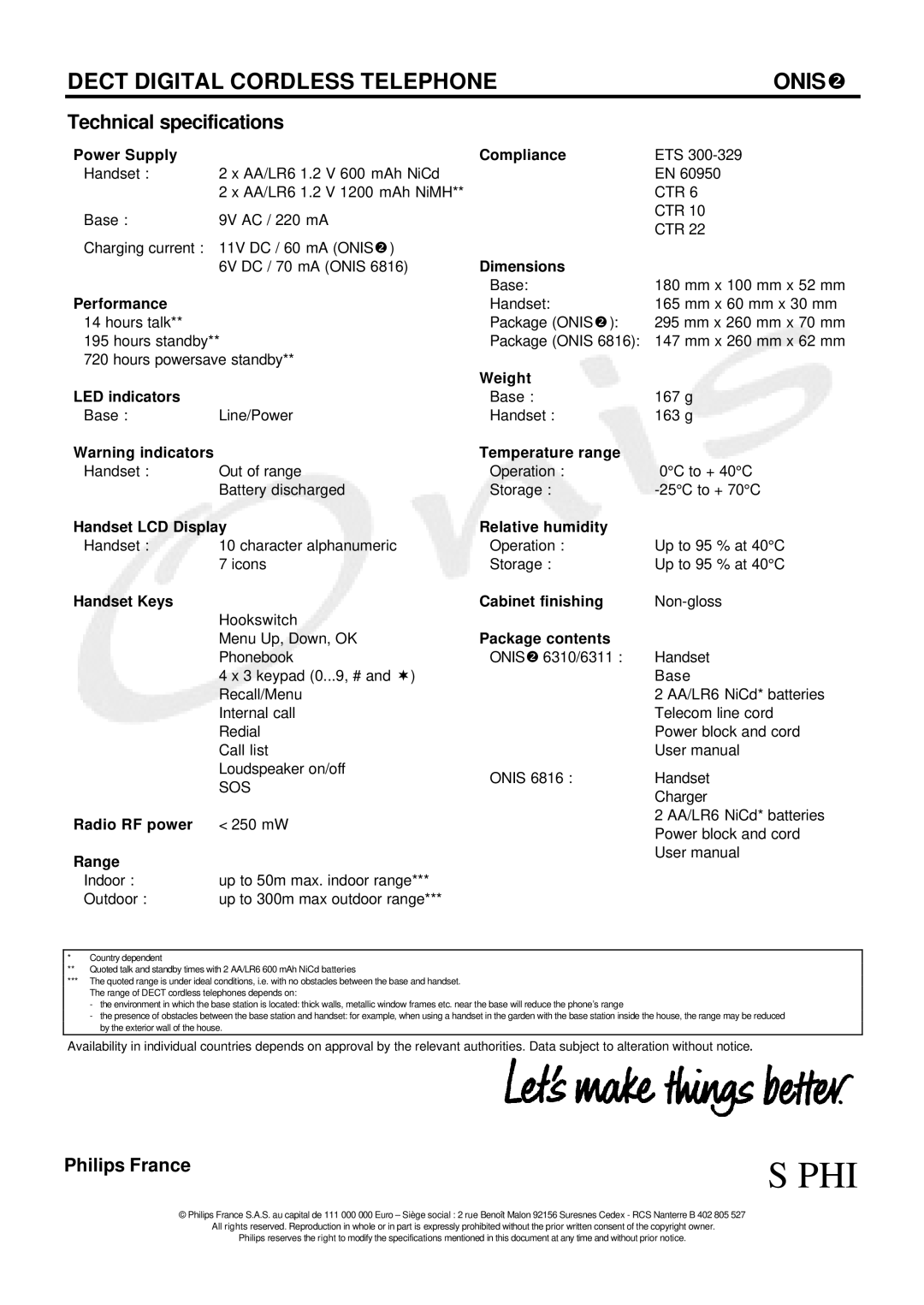 Philips 6310, 6311 Technical specifications 