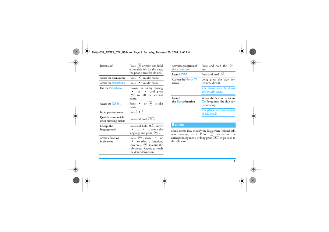 Philips 639 manual Events, Idle mode 