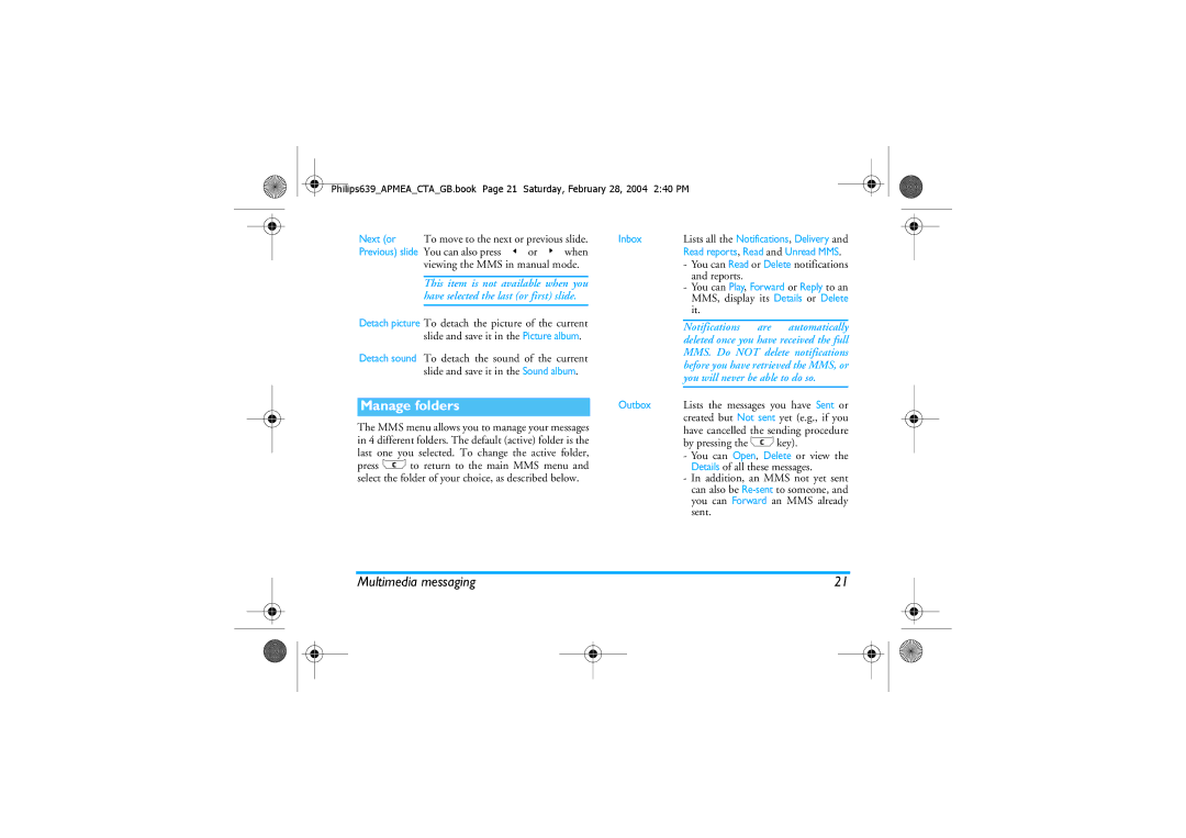 Philips 639 manual Manage folders, Notifications Are, You will never be able to do so 