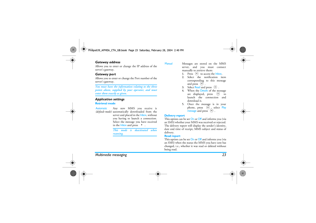 Philips 639 manual Gateway address, Gateway port, Application settings 