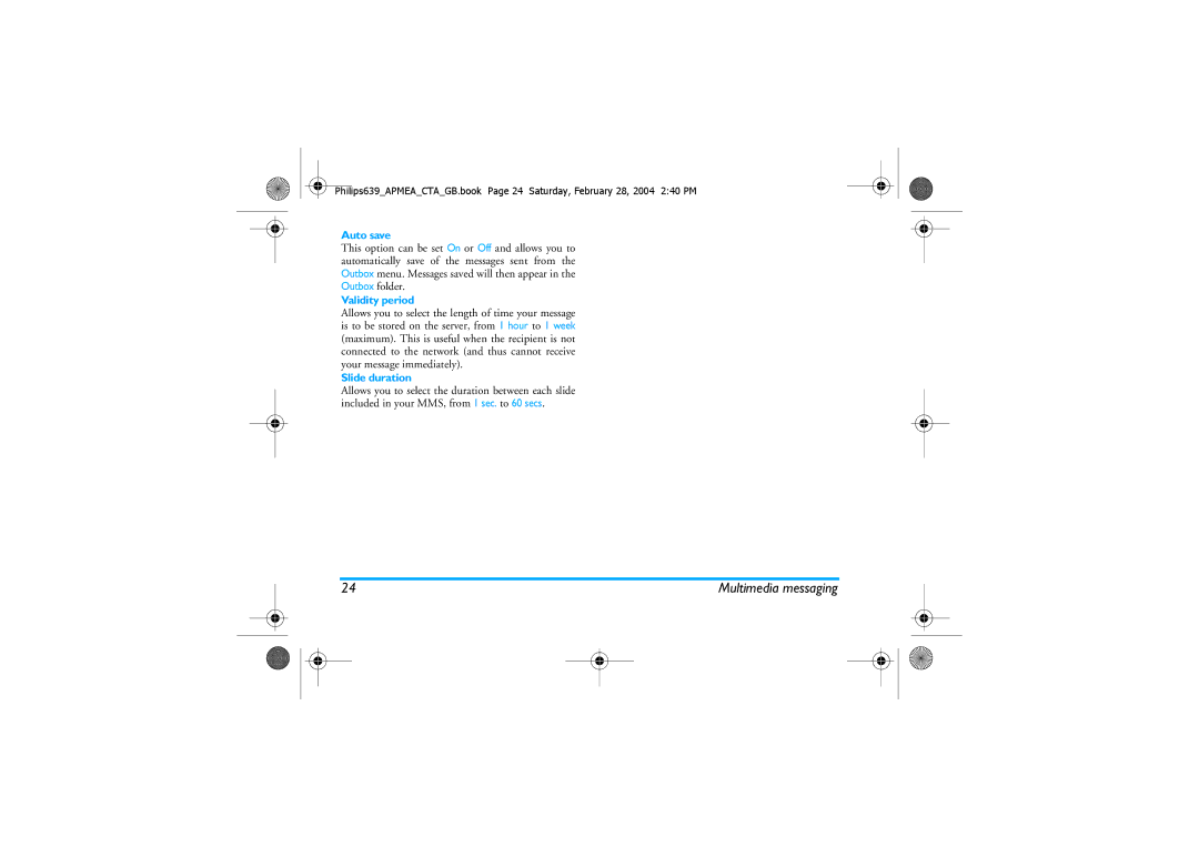 Philips 639 manual Auto save, Validity period, Slide duration 