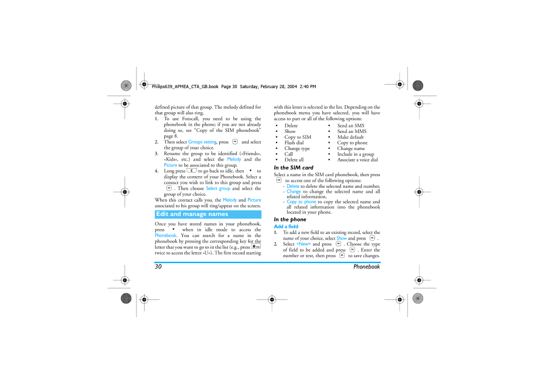 Philips 639 manual Edit and manage names, Add a field 