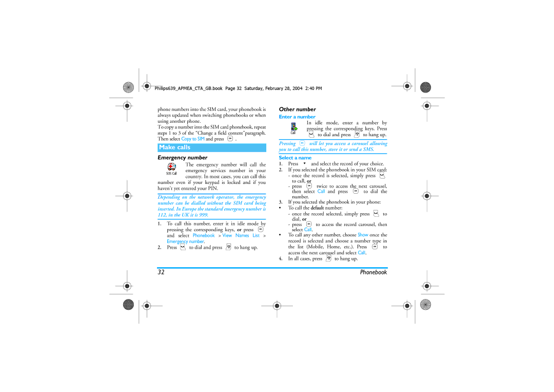 Philips 639 manual Make calls, Emergency number, Other number, Enter a number, Select a name 
