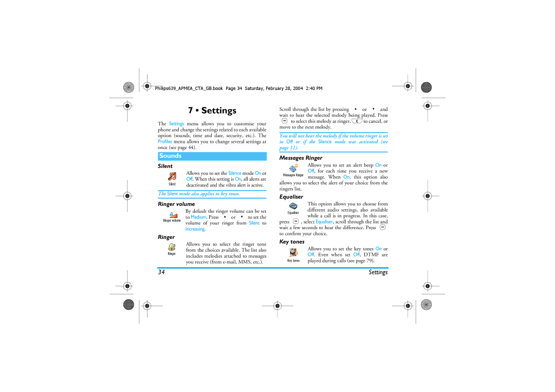 Philips 639 manual Settings, Sounds 