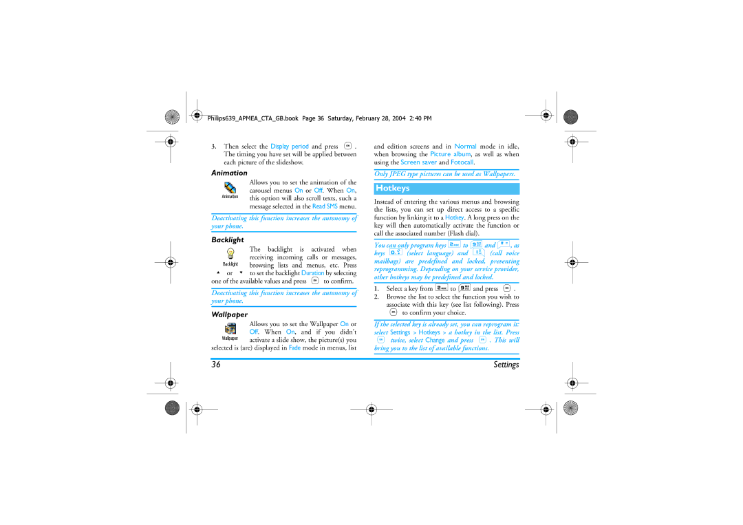 Philips 639 manual Hotkeys, Animation, Backlight, Only Jpeg type pictures can be used as Wallpapers 