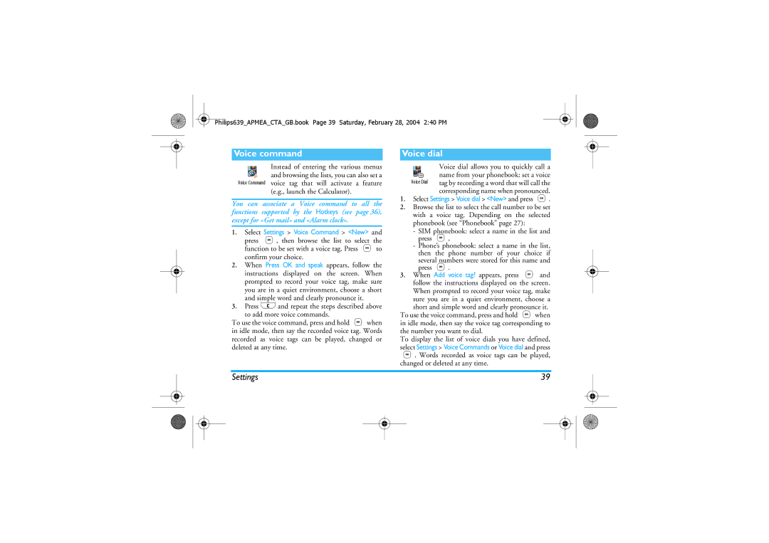 Philips 639 manual Voice command, Voice dial 