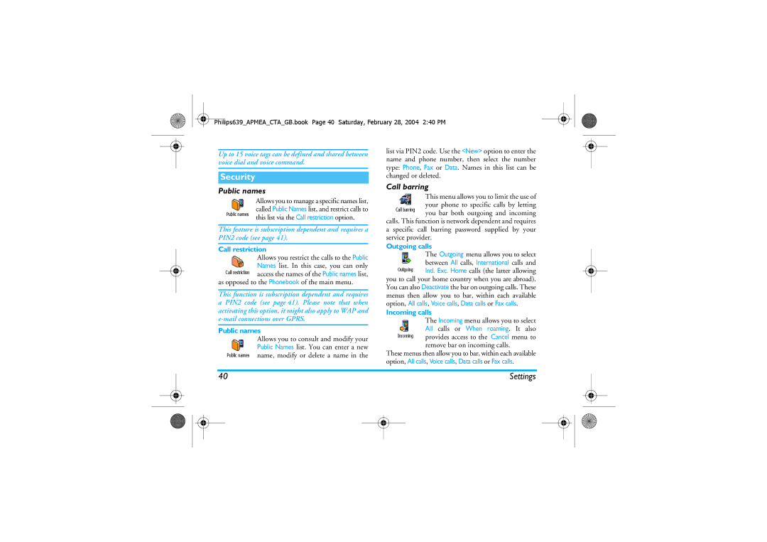 Philips 639 manual Security, Public names, Call barring 