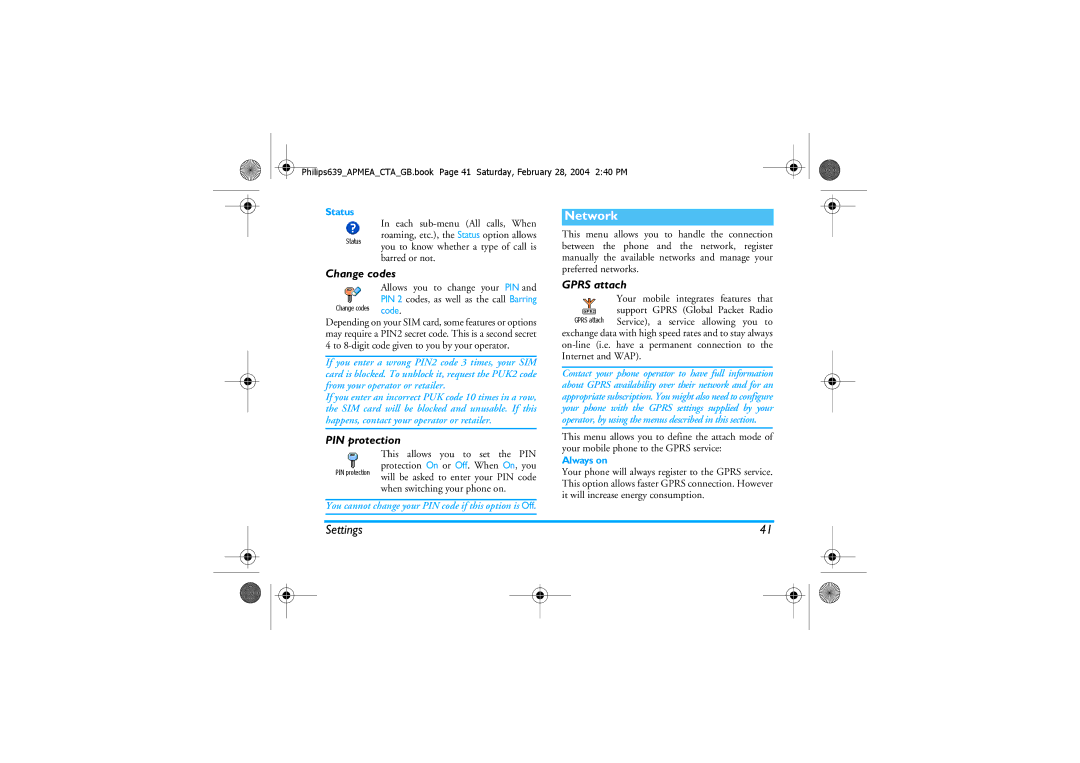 Philips 639 manual Network, Change codes, PIN protection, Gprs attach 