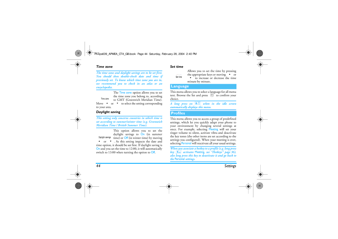 Philips 639 manual Language, Profiles, Time zone, Set time, Daylight saving 