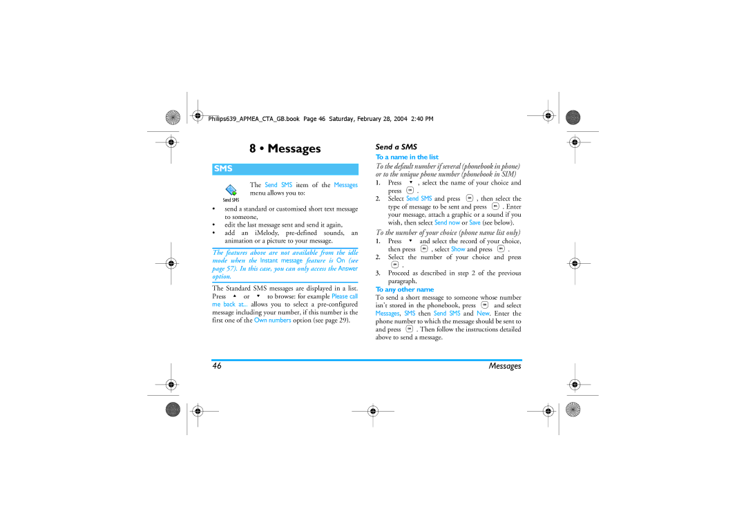 Philips 639 manual Messages, Send a SMS, To a name in the list, To any other name 