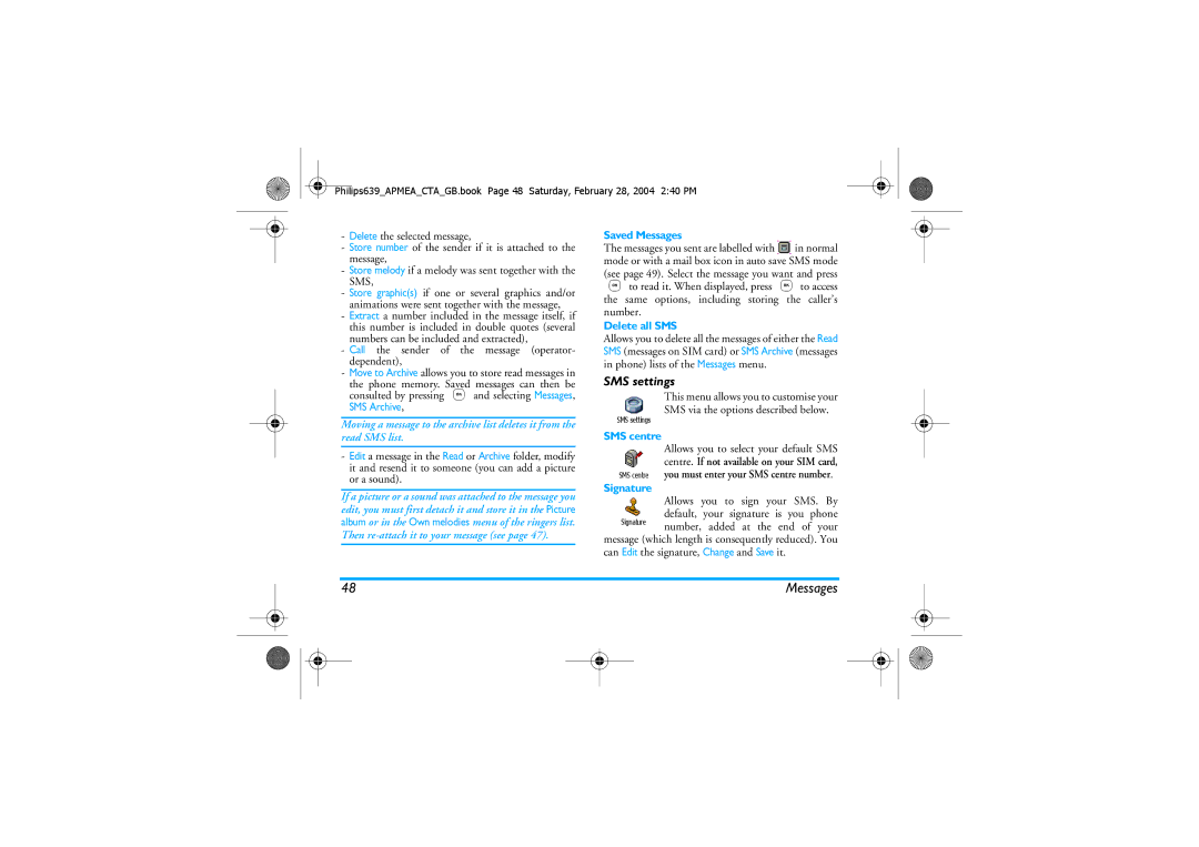Philips 639 manual SMS settings, Saved Messages, Delete all SMS, SMS centre, Signature 