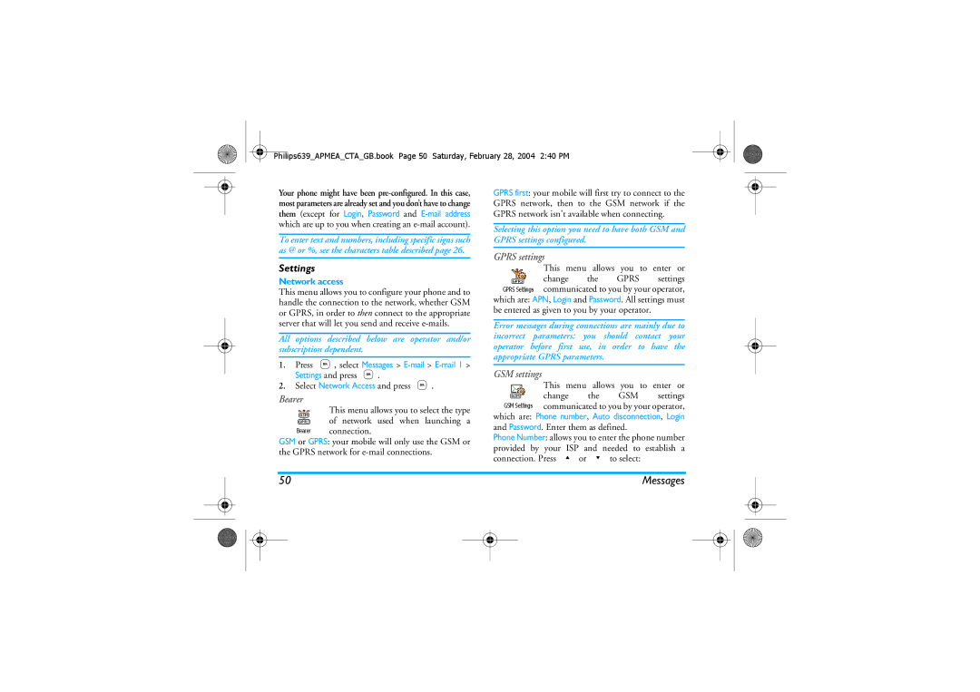 Philips 639 manual Settings, Network access 