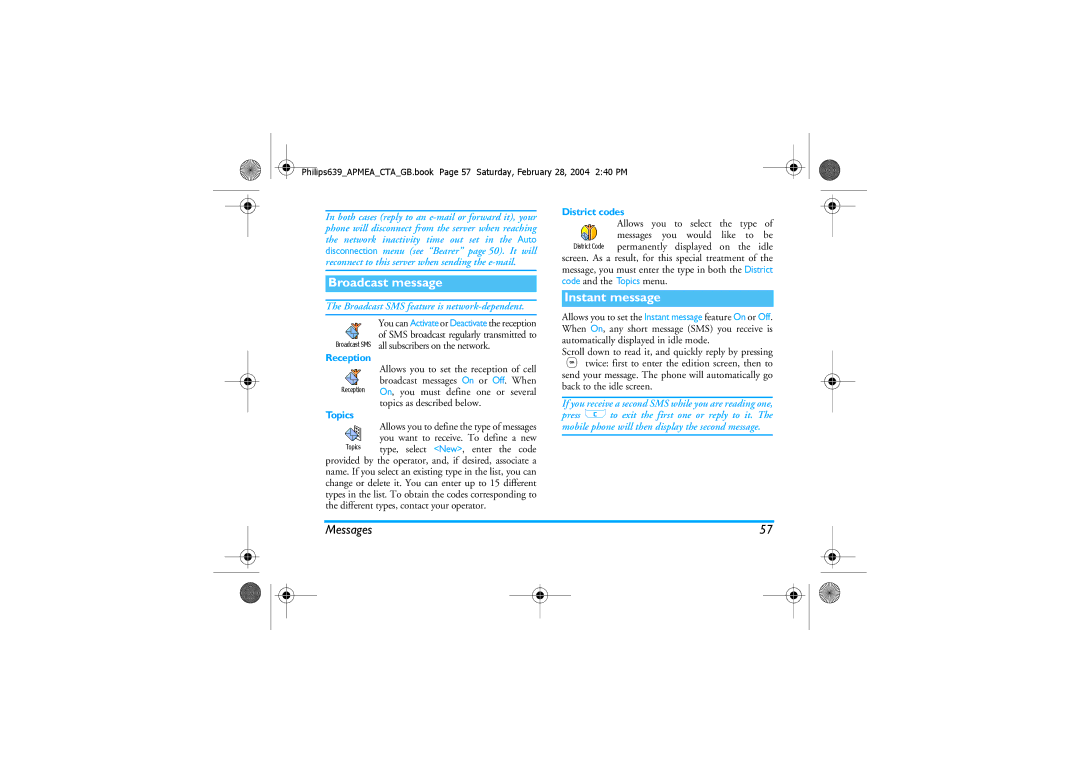 Philips 639 manual Broadcast message, Instant message, District codes, Reception, Topics 