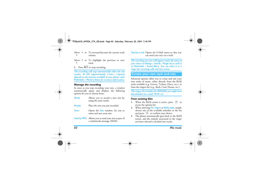 Philips 639 manual Create your own style and mix, Manage the recording, From existing files 