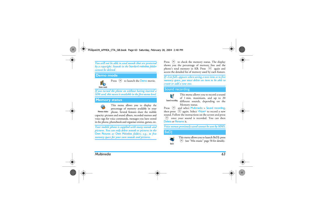 Philips 639 manual Demo mode, Memory status, Press ,to launch the Demo movie, Once your sound is recorded. You can then 