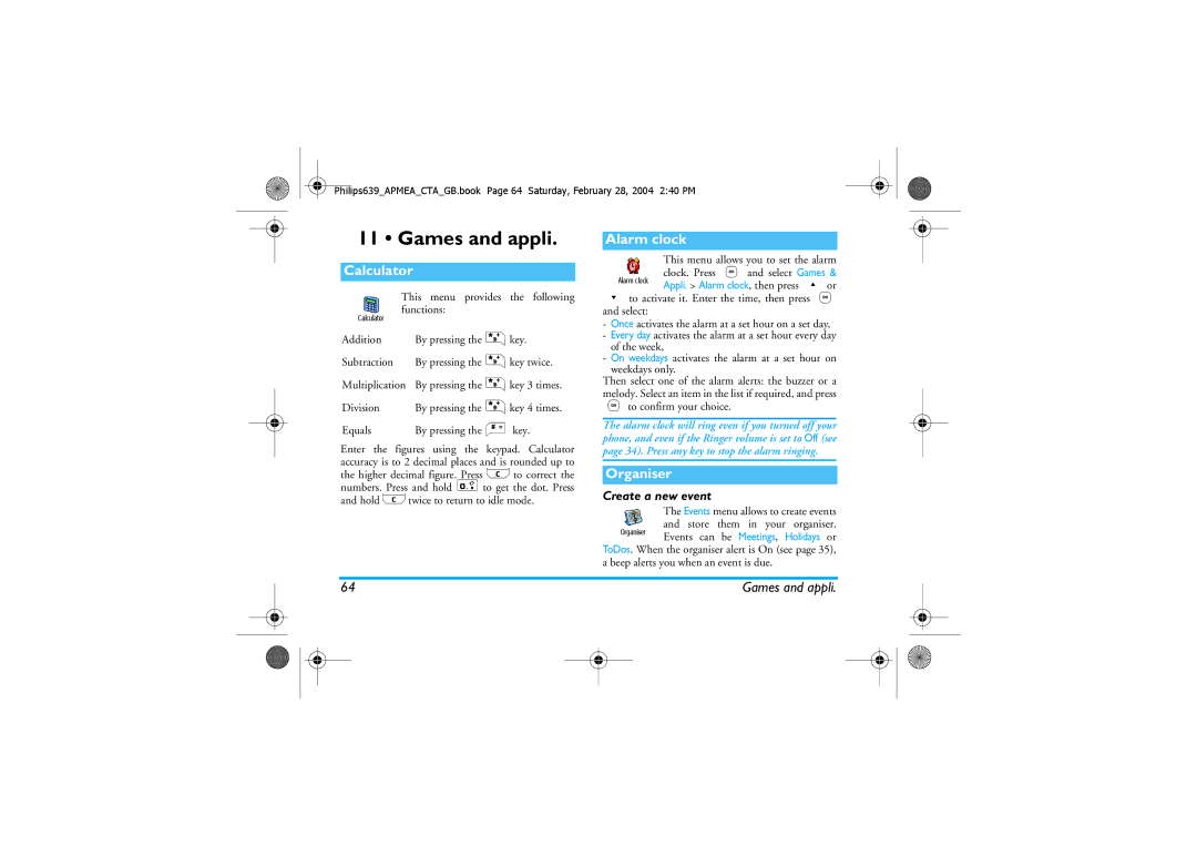 Philips 639 manual Games and appli, Calculator, Alarm clock, Organiser, Create a new event 