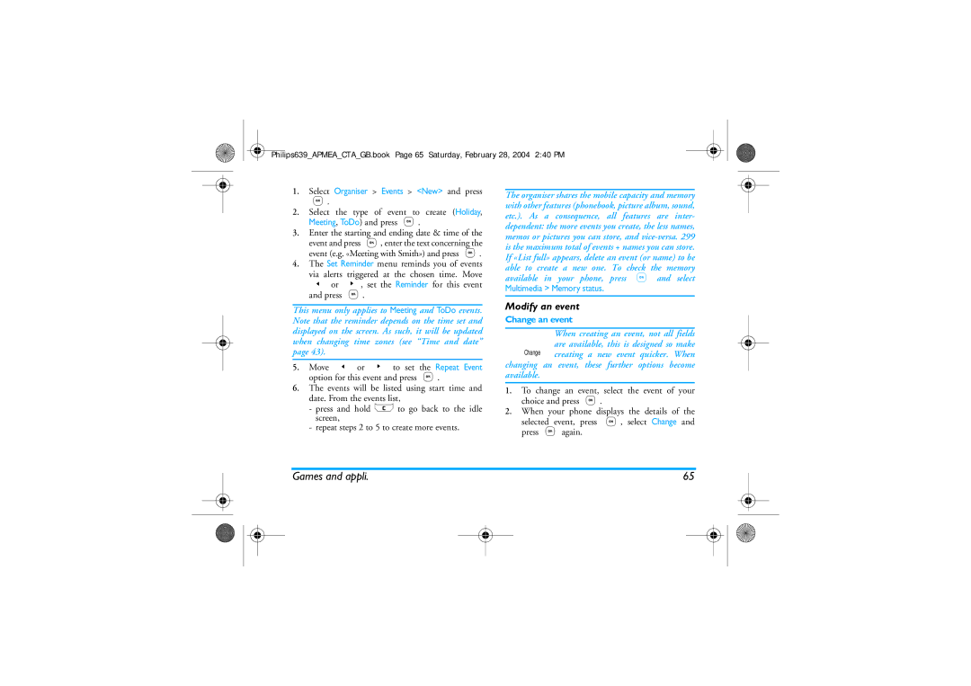 Philips 639 manual Modify an event, This menu only applies to Meeting and ToDo events, Change an event 