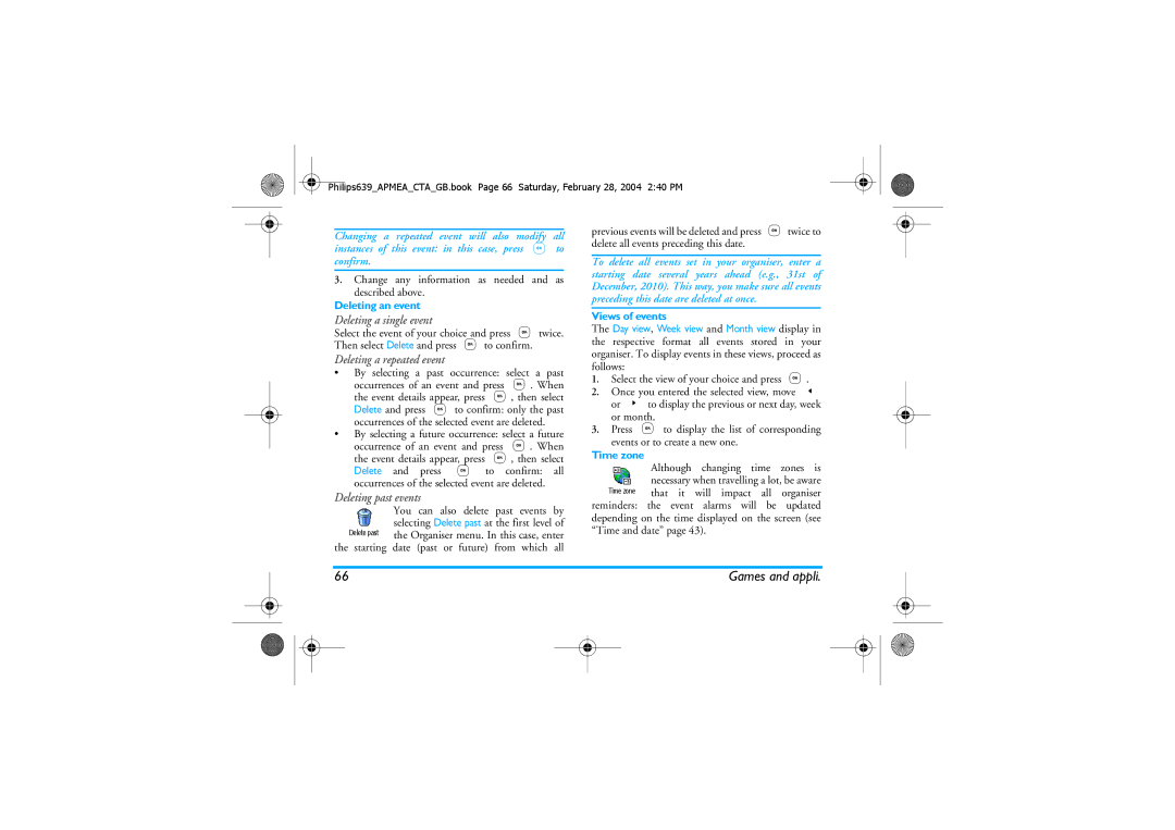 Philips 639 manual Change any information as needed and as described above, Deleting an event, Views of events, Starting 