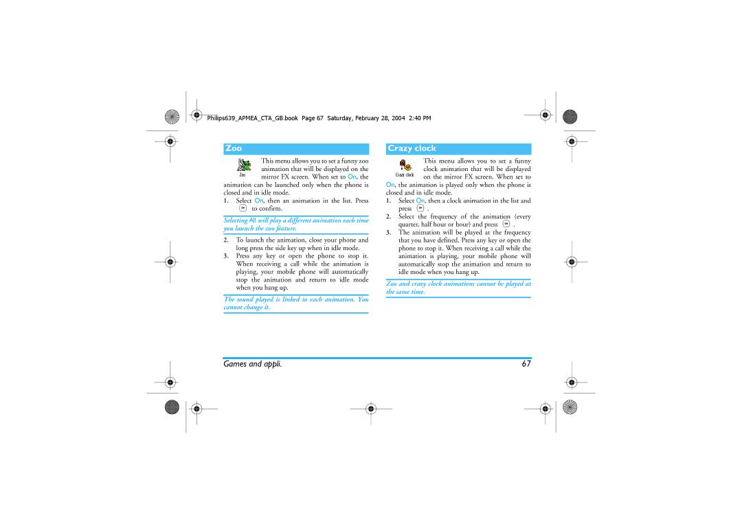 Philips 639 manual Zoo, Crazy clock 