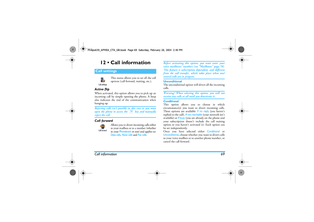 Philips 639 manual Call information, Call settings, Active flip, Call forward 