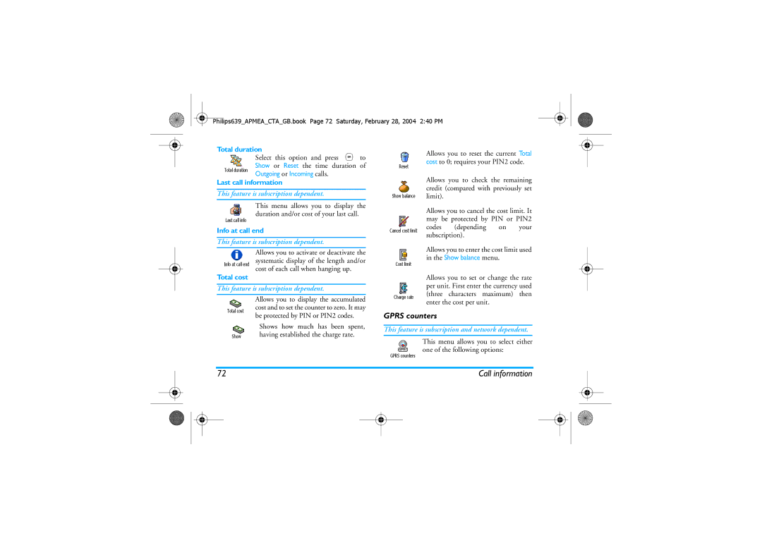 Philips 639 manual Gprs counters, Total duration, Last call information, Info at call end, Total cost 