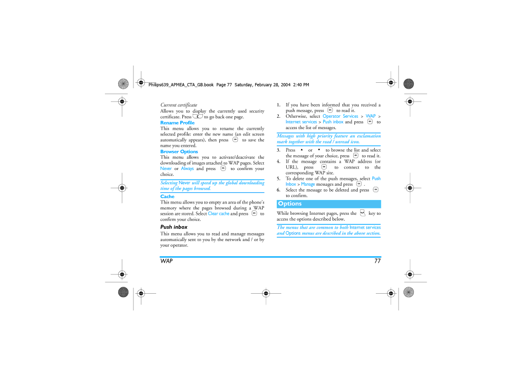 Philips 639 manual Push inbox, Rename Profile, Browser Options, Cache 