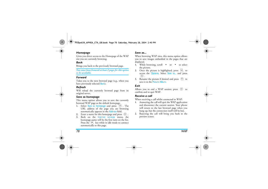 Philips 639 manual Back, Forward, Refresh, Save as homepage, Exit, Receive a call 