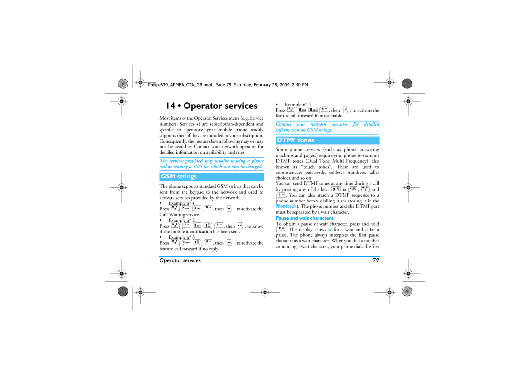 Philips 639 manual Operator services, GSM strings, Dtmf tones, Pause and wait characters 