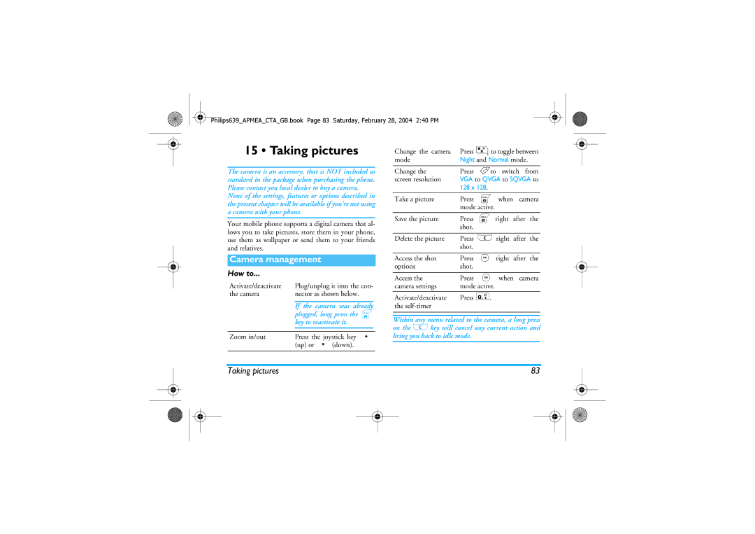 Philips 639 manual Taking pictures, Camera management, How to, Plugged, long press the m, Key to reactivate it 