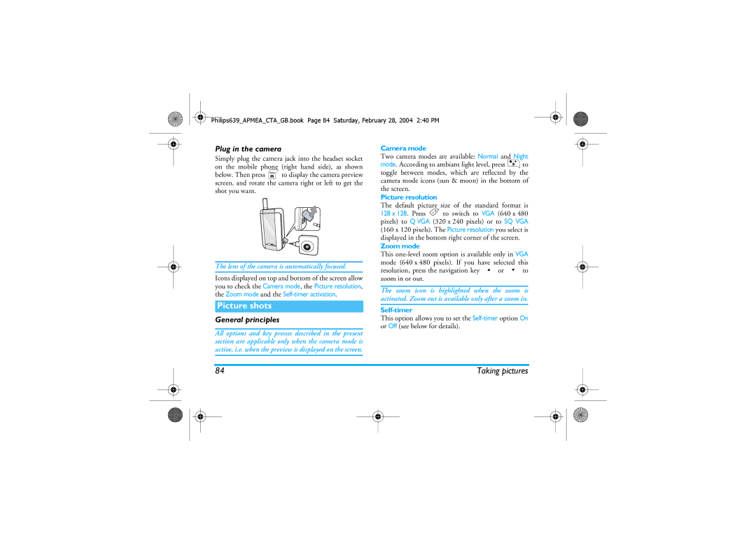 Philips 639 manual Picture shots, Plug in the camera, General principles 