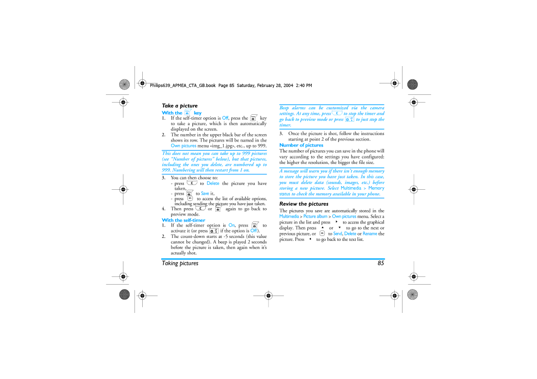 Philips 639 manual Take a picture, Review the pictures, With the mkey, With the self-timer, Number of pictures 