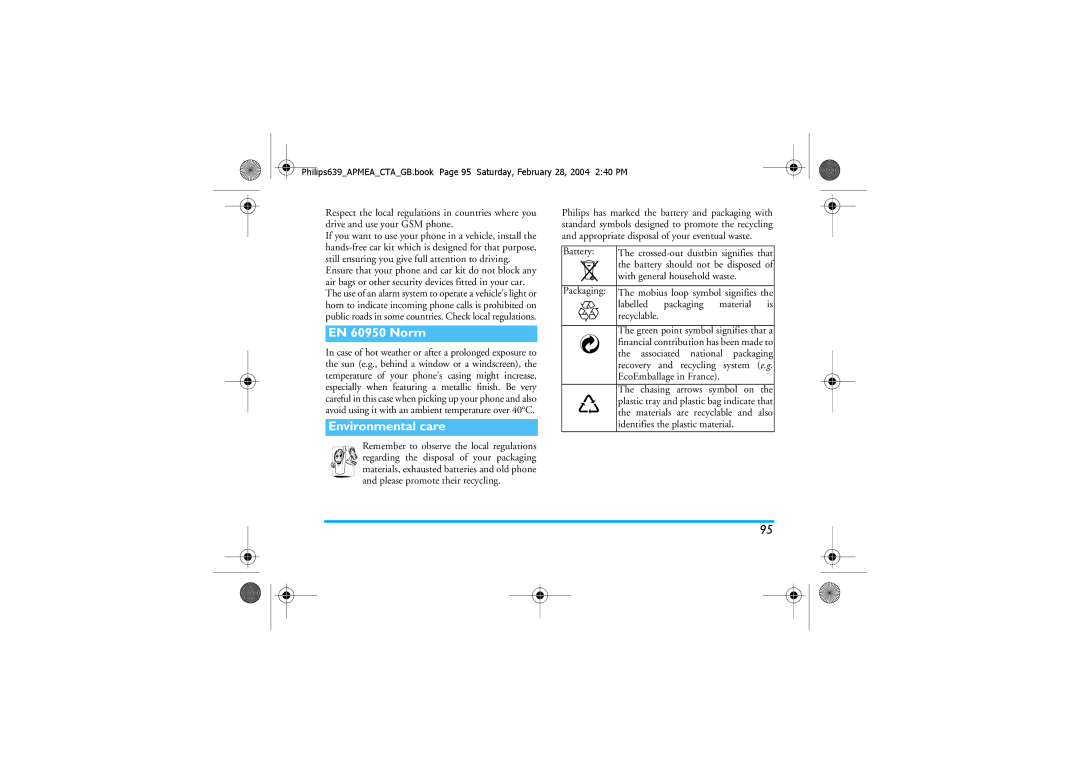 Philips 639 manual EN 60950 Norm, Environmental care, Battery, With general household waste Packaging 