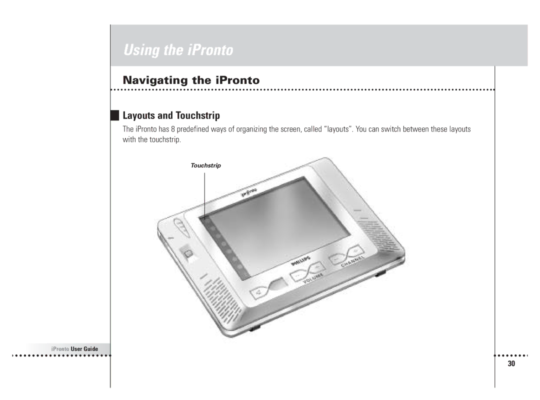 Philips 6400 manual Navigating the iPronto, Layouts and Touchstrip 