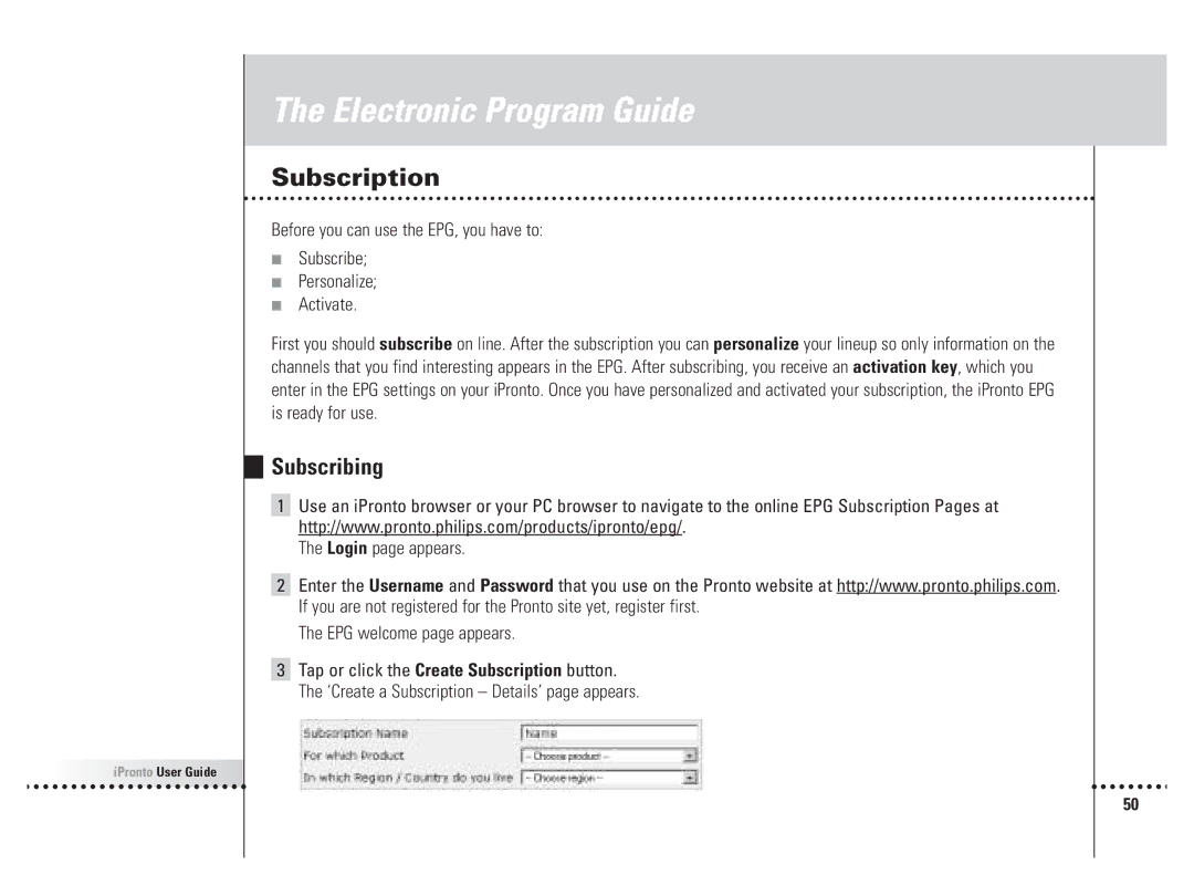 Philips 6400 manual Subscription, Subscribing, Login page appears EPG welcome page appears 