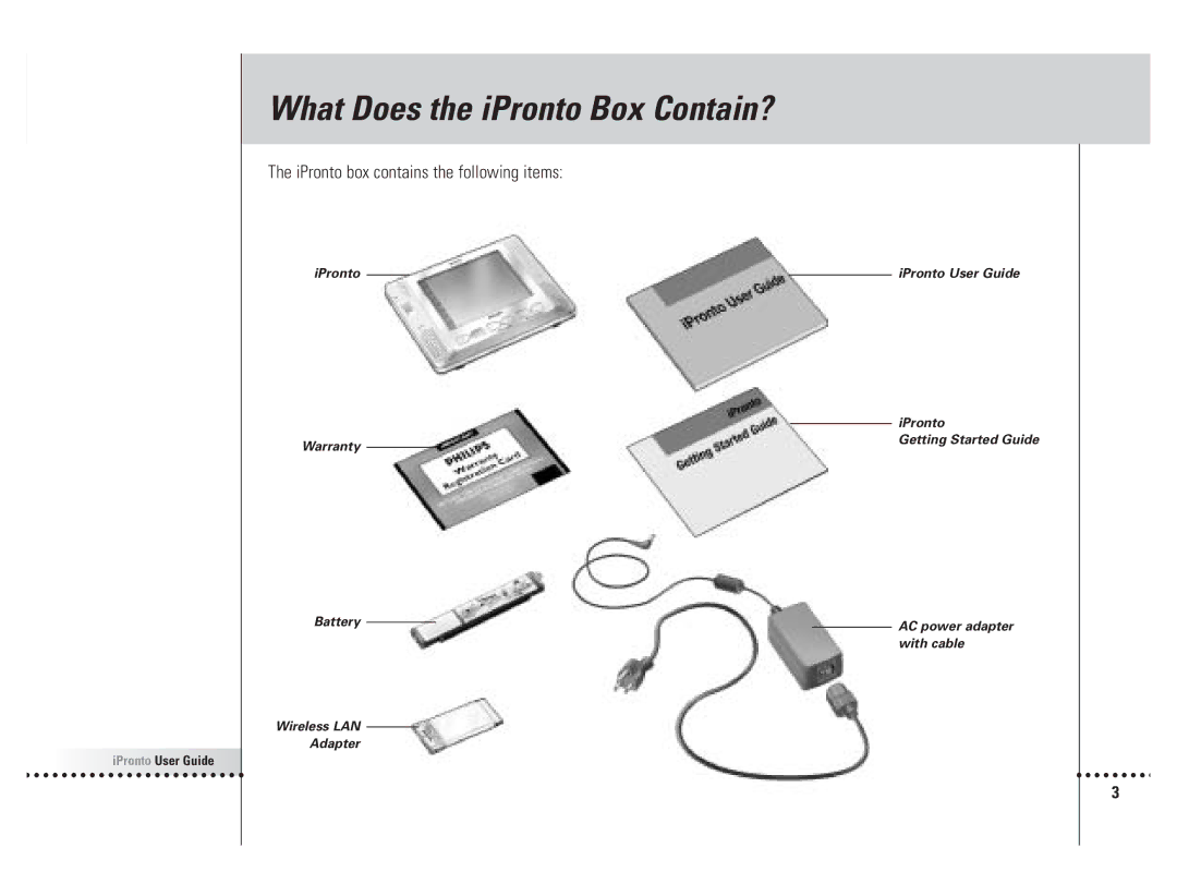 Philips 6400 manual What Does the iPronto Box Contain?, IPronto box contains the following items 