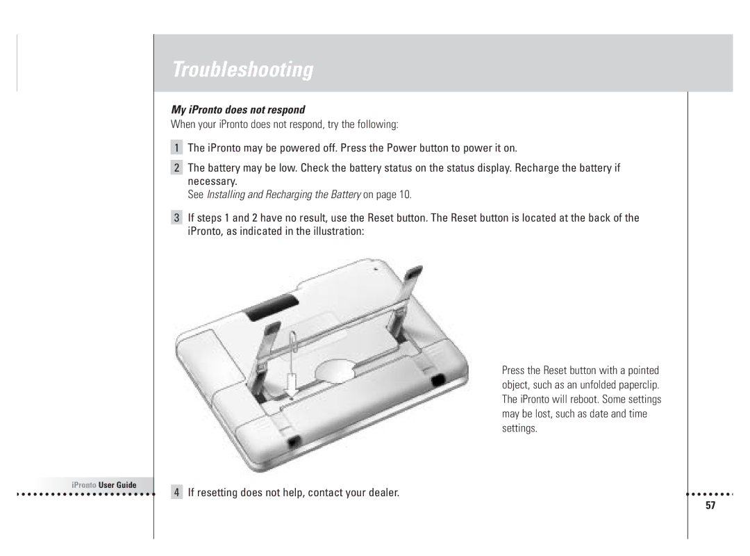 Philips 6400 manual My iPronto does not respond, If resetting does not help, contact your dealer 