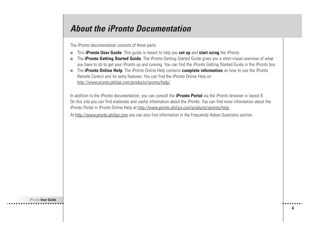 Philips 6400 manual About the iPronto Documentation 