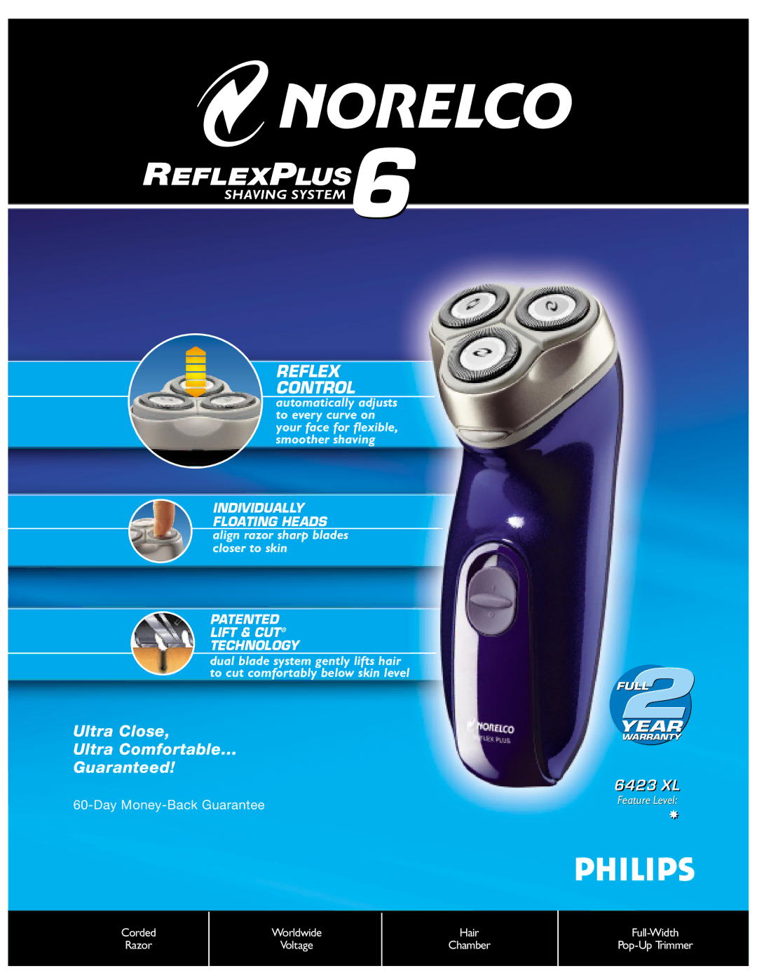 Philips 6423 XL warranty REFLEXPLUS6, Reflex Control, Ultra Close Ultra Comfortable Guaranteed, Year 