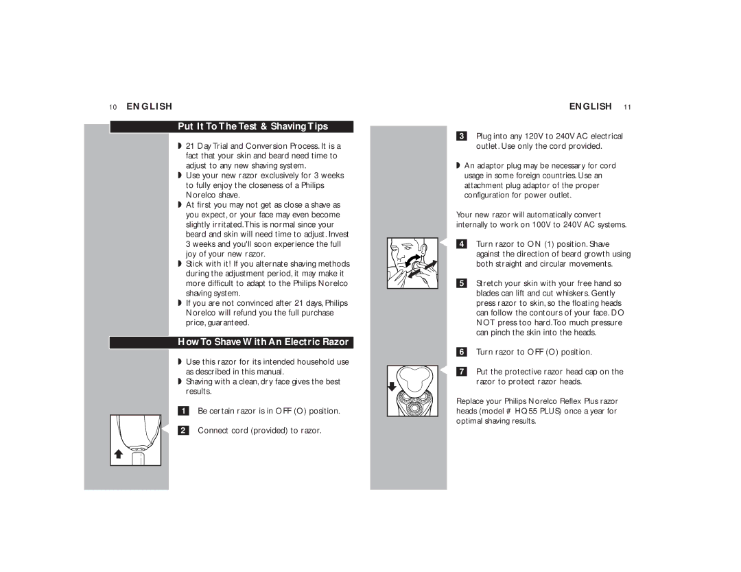 Philips 6424LC manual Put It To The Test & Shaving Tips, How To Shave With An Electric Razor, Turn razor to OFF O position 