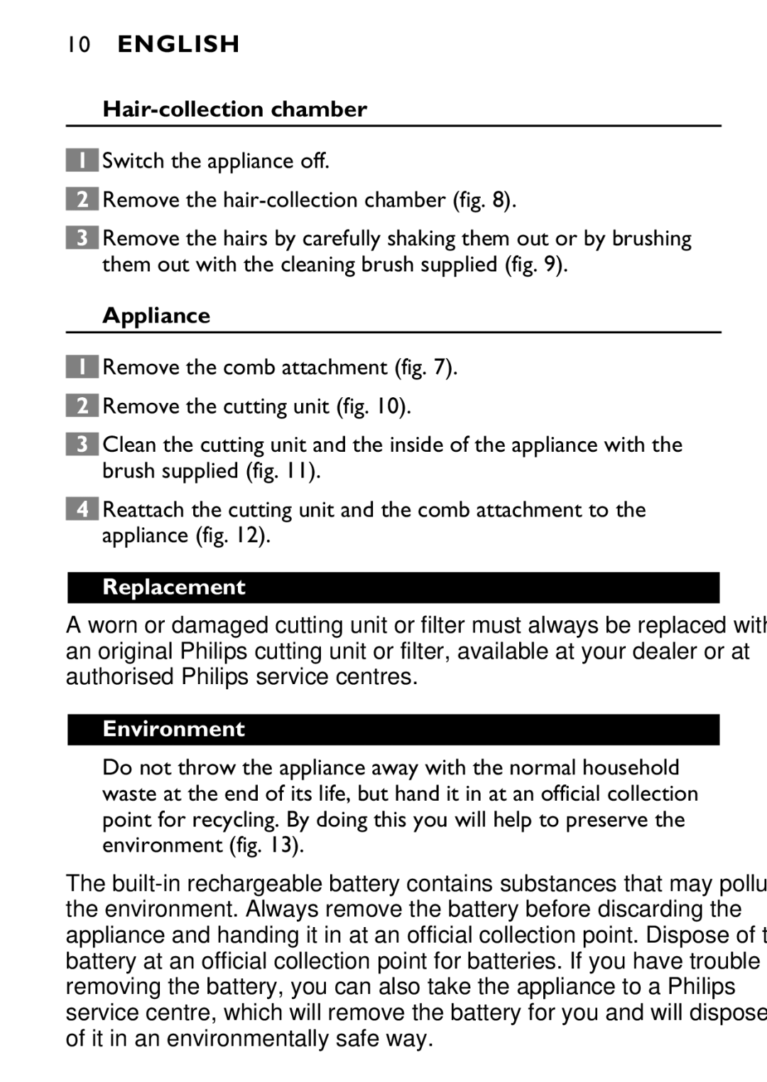 Philips 646-039 manual Hair-collection chamber, Appliance, Replacement, Environment 