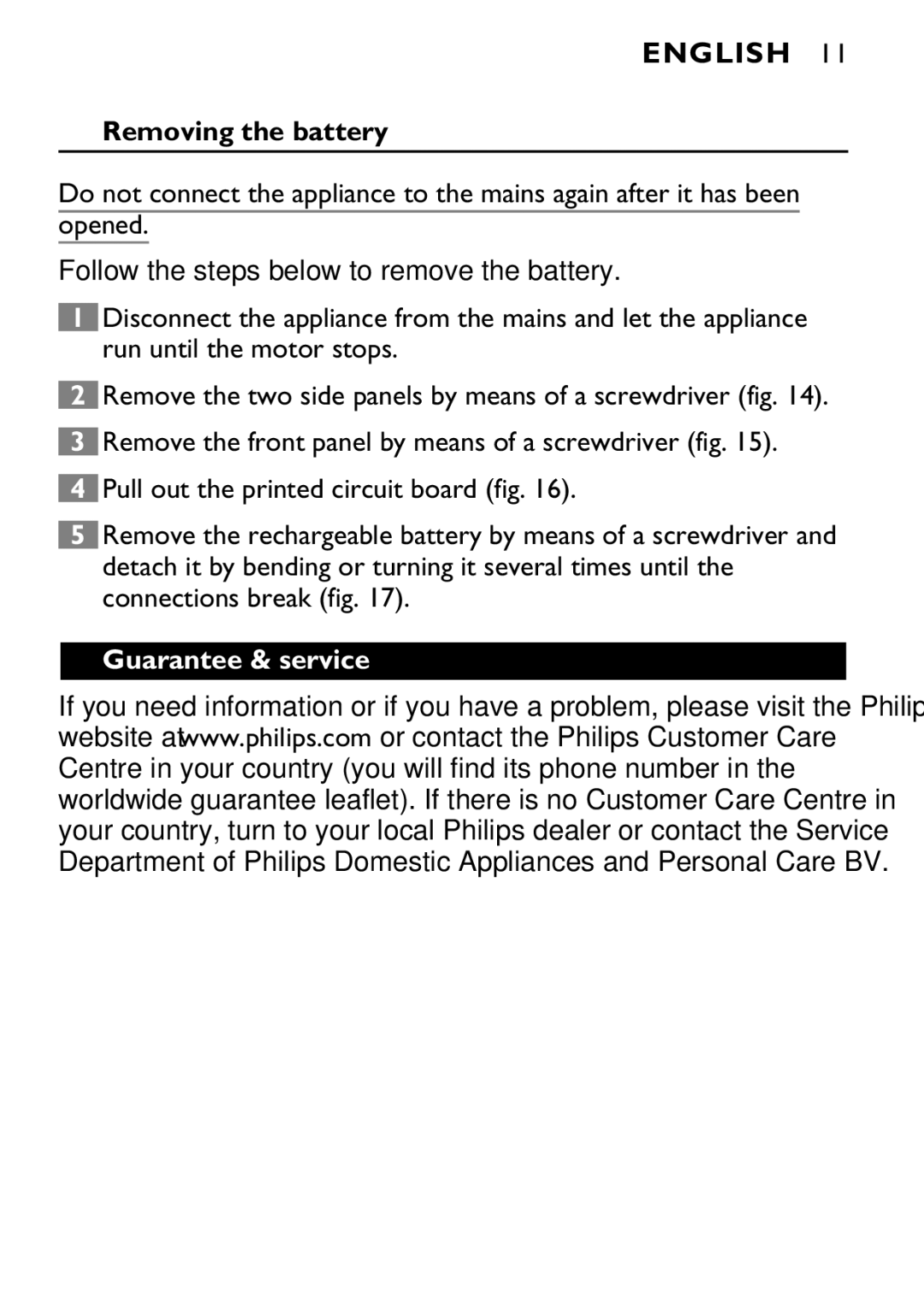 Philips 646-039 manual Removing the battery, Guarantee & service 