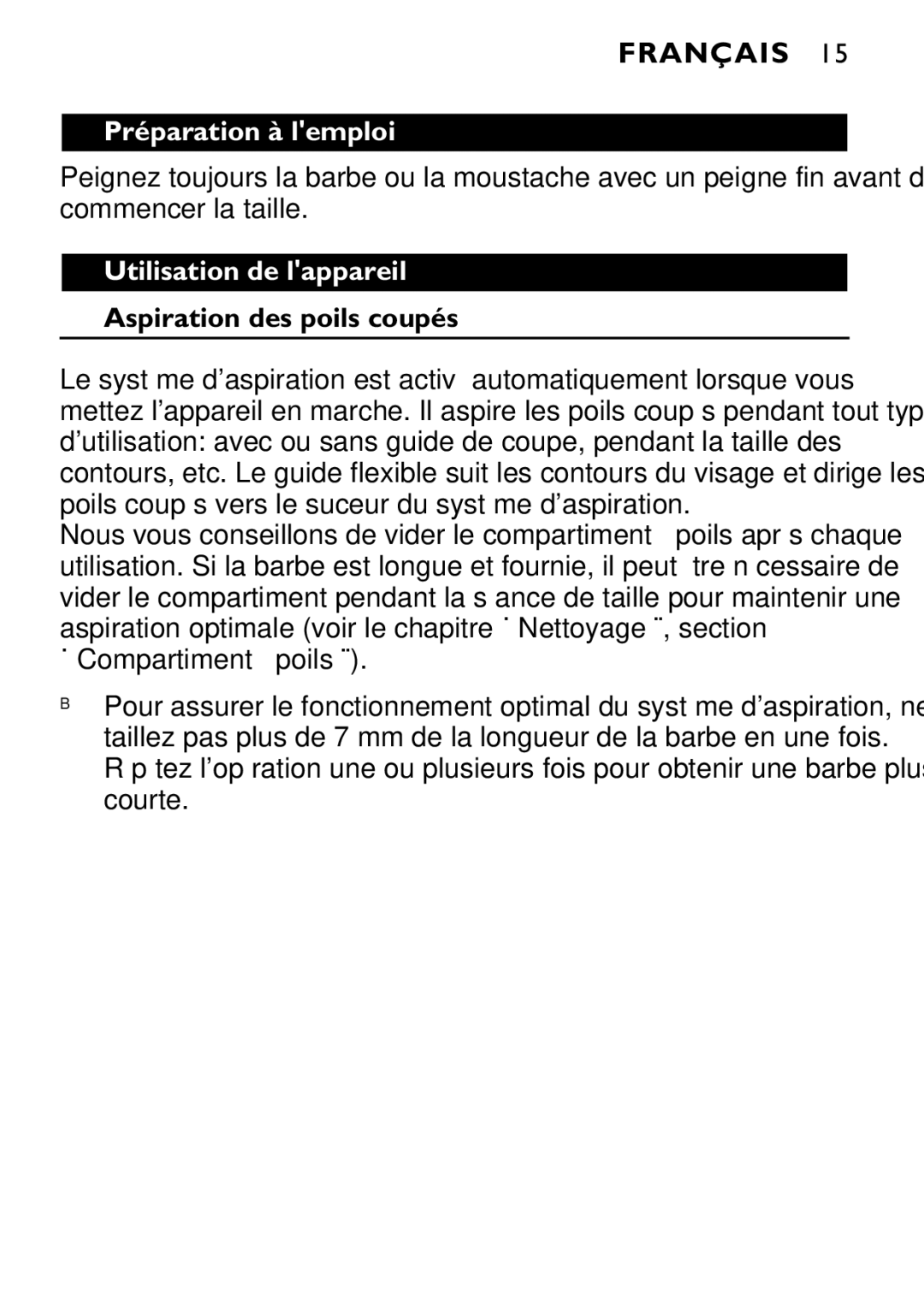 Philips 646-039 manual Préparation à lemploi, Utilisation de lappareil, Aspiration des poils coupés 