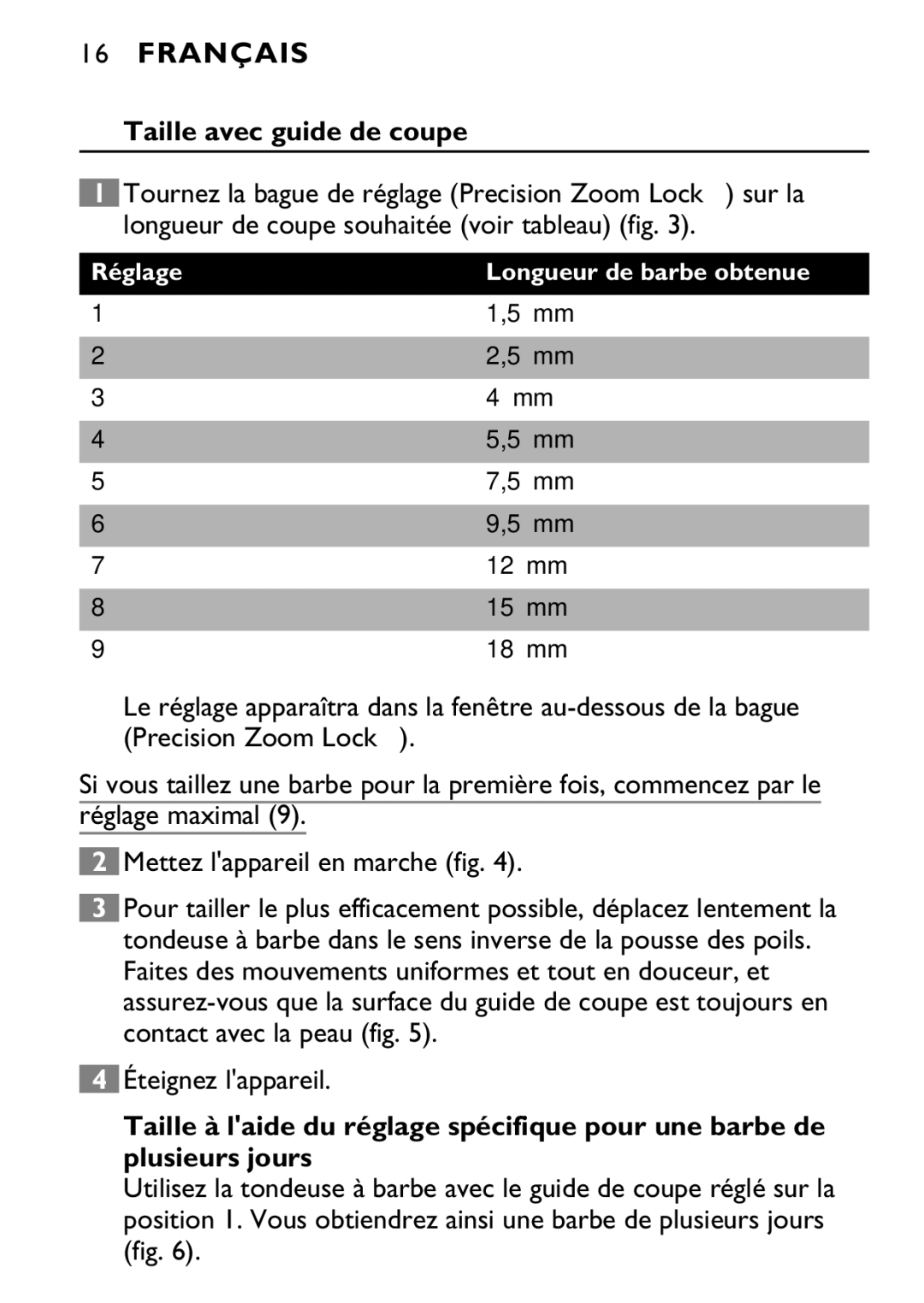 Philips 646-039 manual Taille avec guide de coupe 