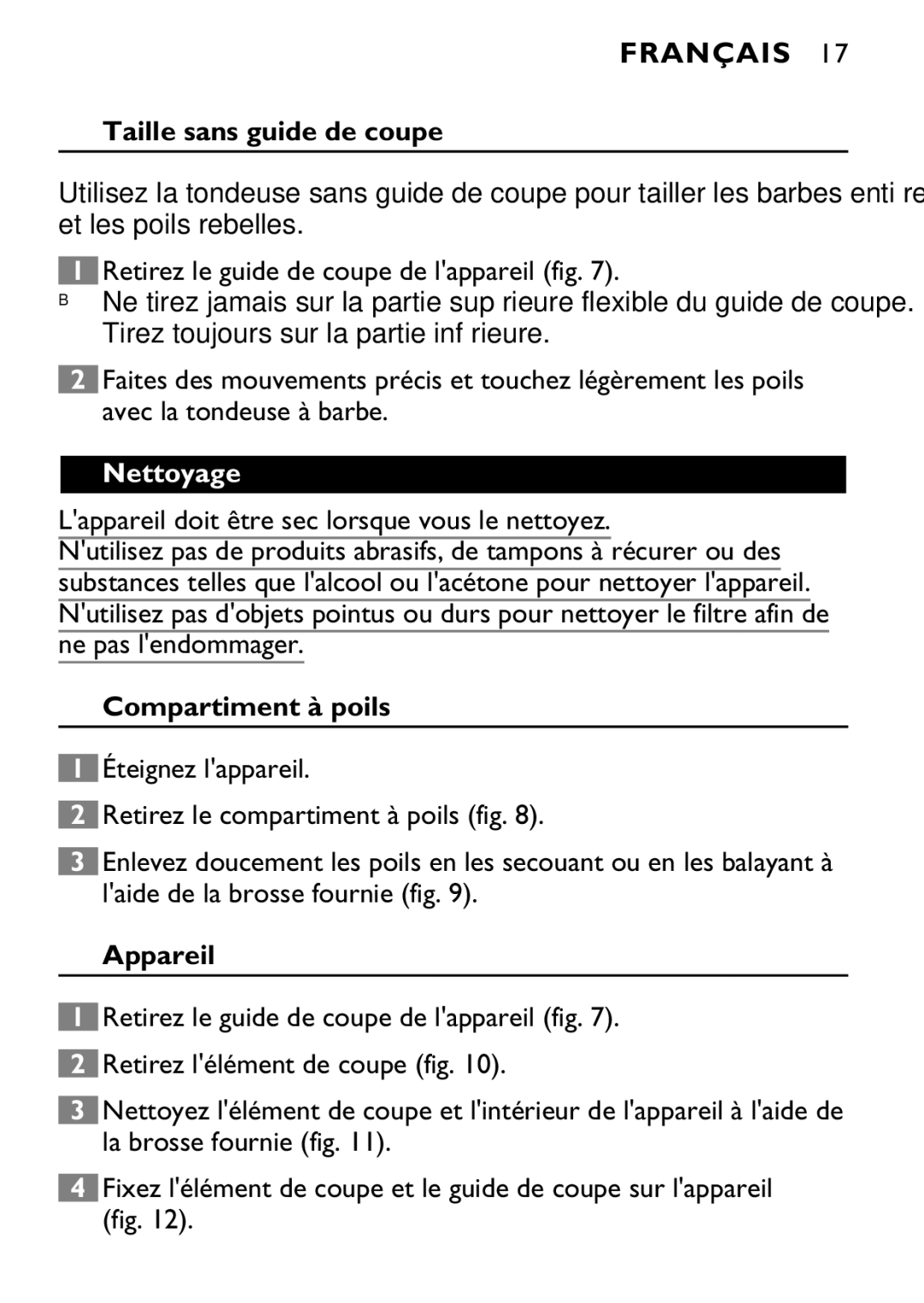 Philips 646-039 manual Taille sans guide de coupe, Nettoyage, Compartiment à poils, Appareil 