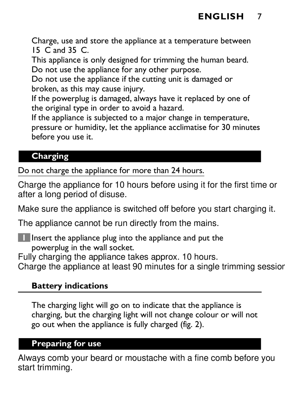 Philips 646-039 manual Charging, Battery indications, Preparing for use 