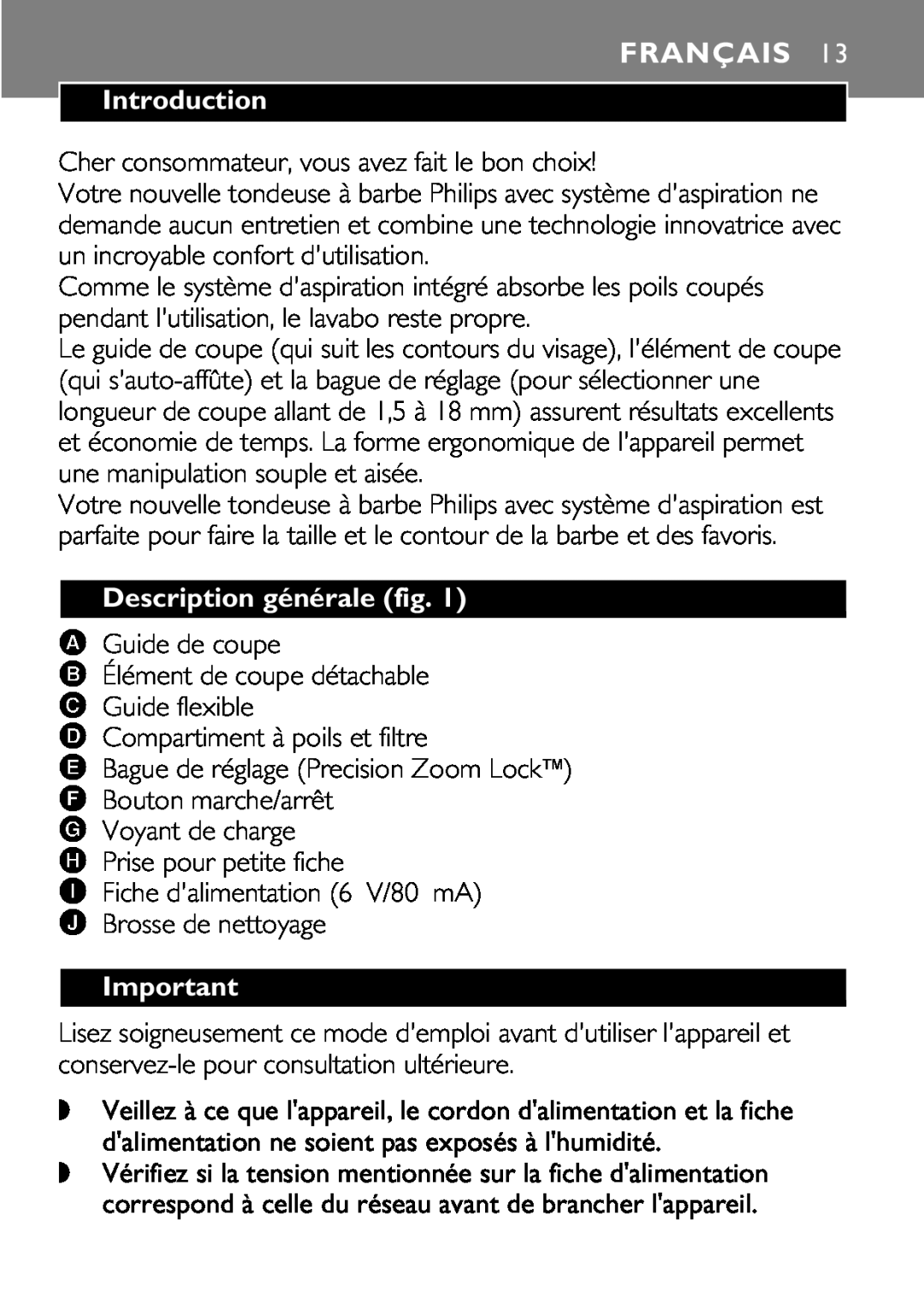 Philips 646-039 manual Français, Description générale fig, Introduction 