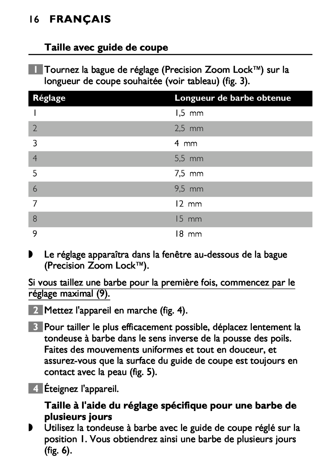 Philips 646-039 manual 16FRANÇAIS, Taille avec guide de coupe 