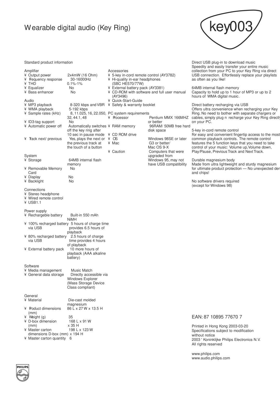 Philips manual 64MB internal flash memory, Direct battery recharging via USB, Key in-cord remote control 