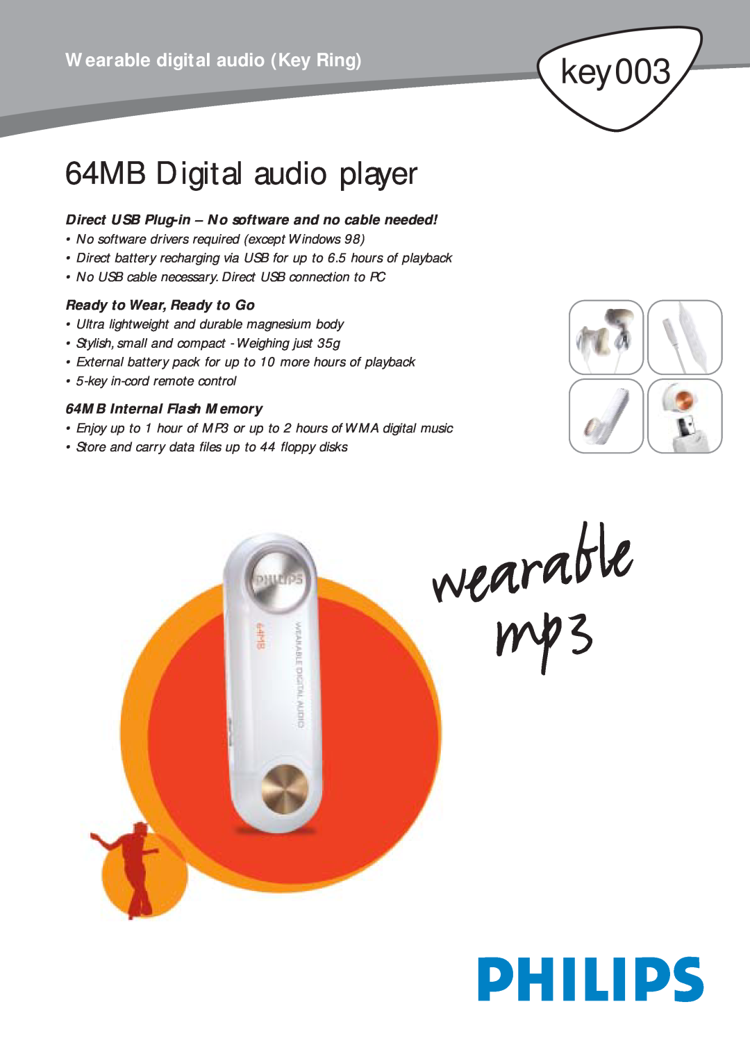 Philips manual key003, 64MB Digital audio player, Wearable digital audio Key Ring, Ready to Wear, Ready to Go 