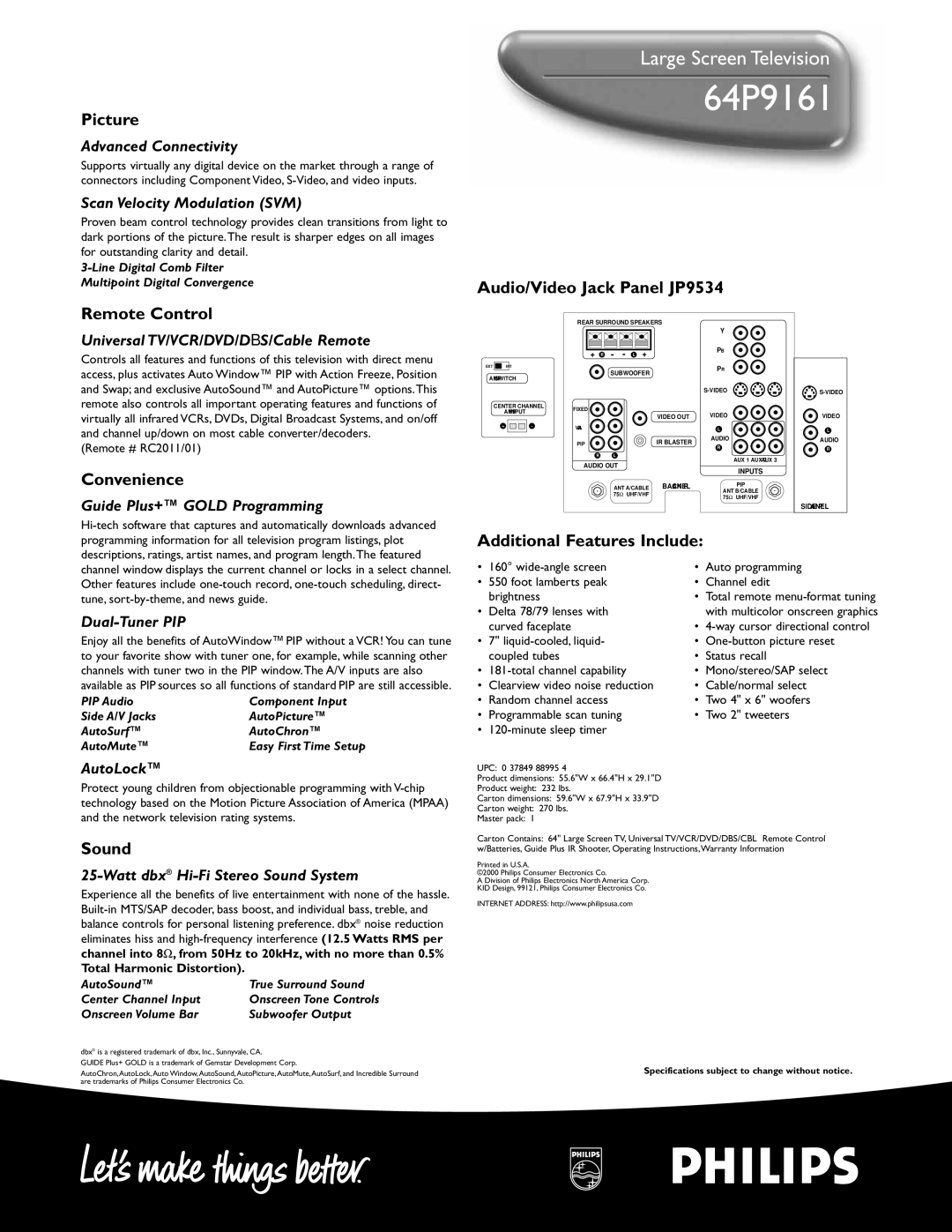 Philips 64P 9161 manual Picture, Remote Control, Convenience, Sound, Audio/Video Jack Panel JP9534 